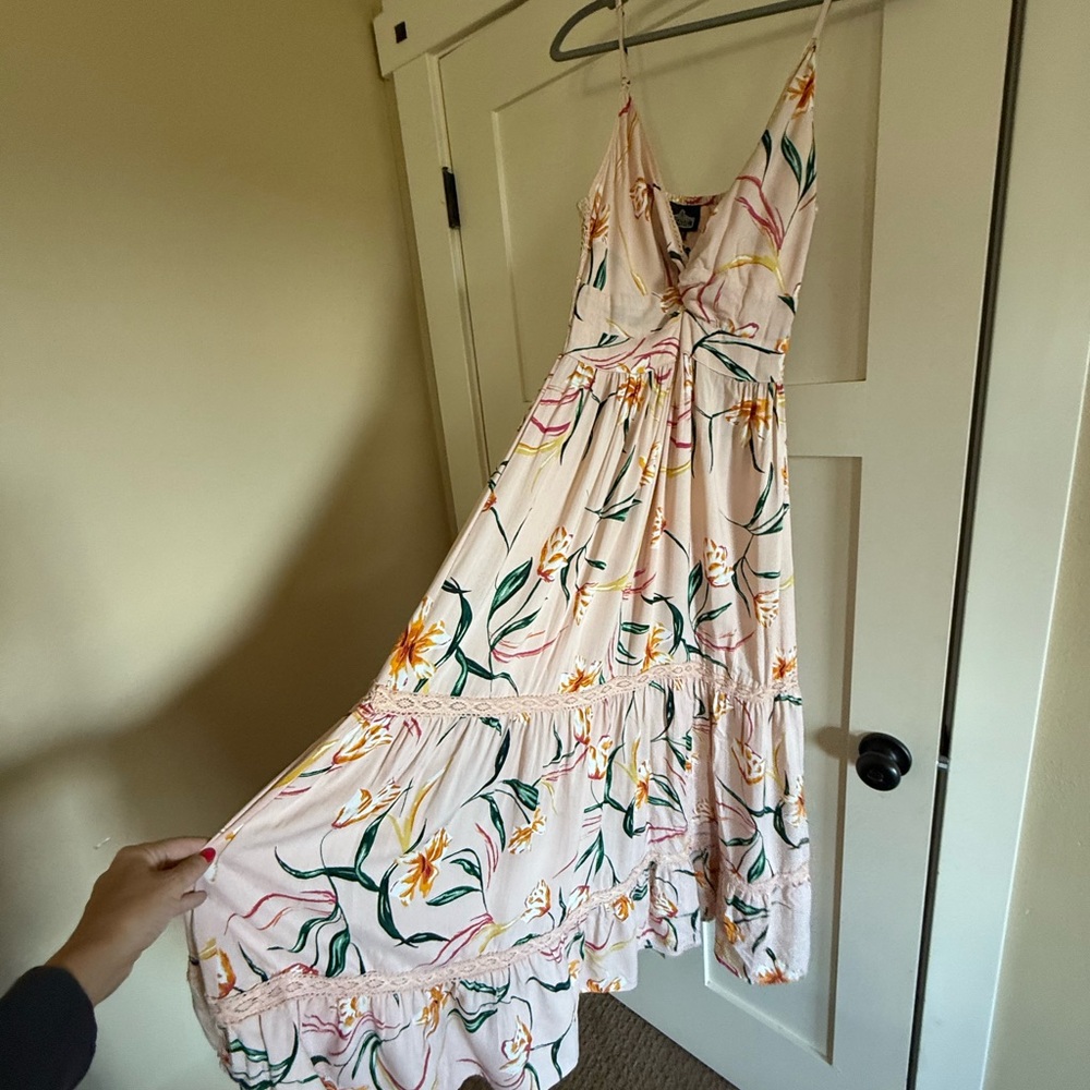 Angie Pink Floral V-Neck Maxi Dress with Green & Yellow Print